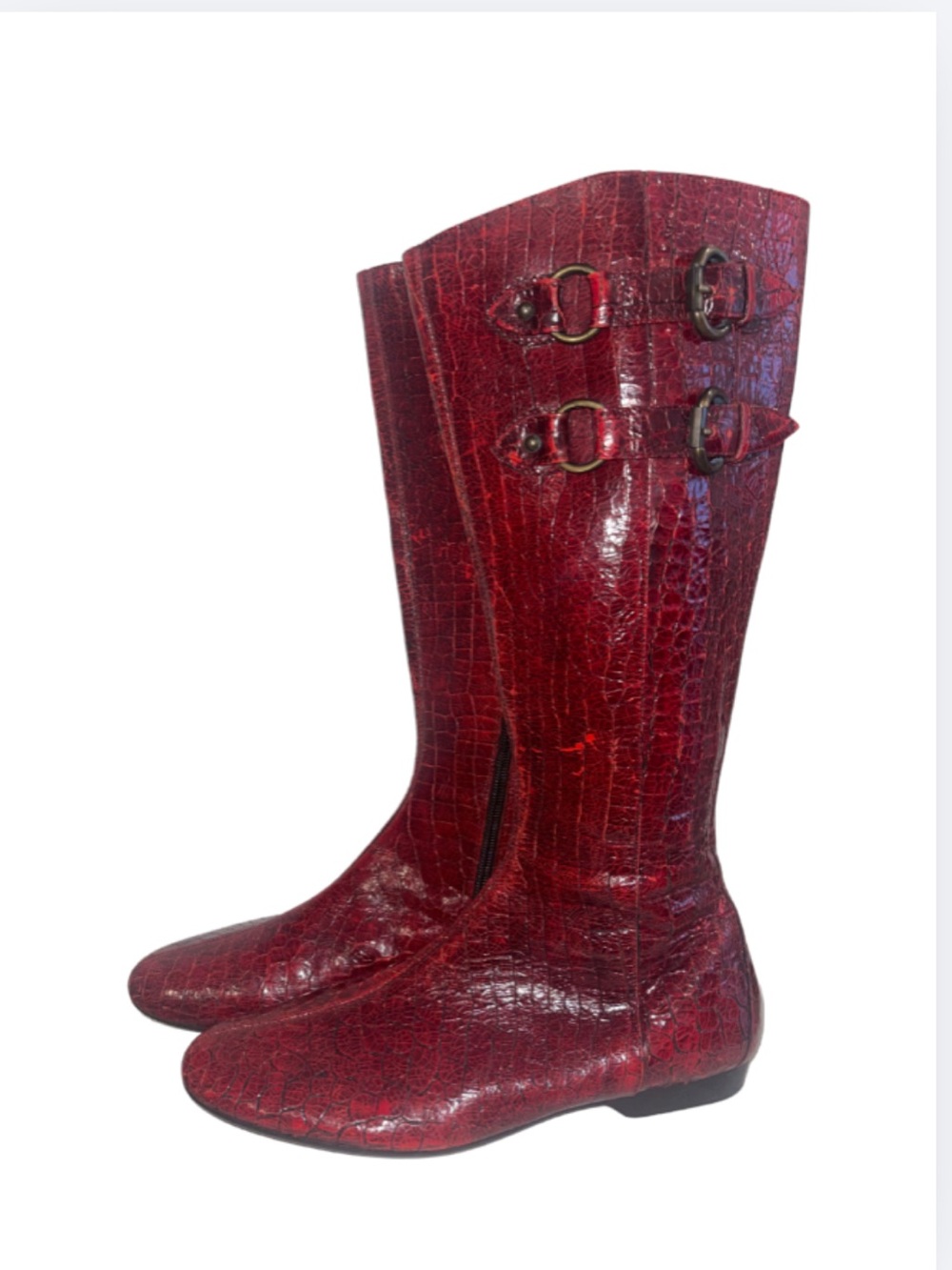 Donald J. Pliner Red Croc-Embossed Knee Boots with Buckles